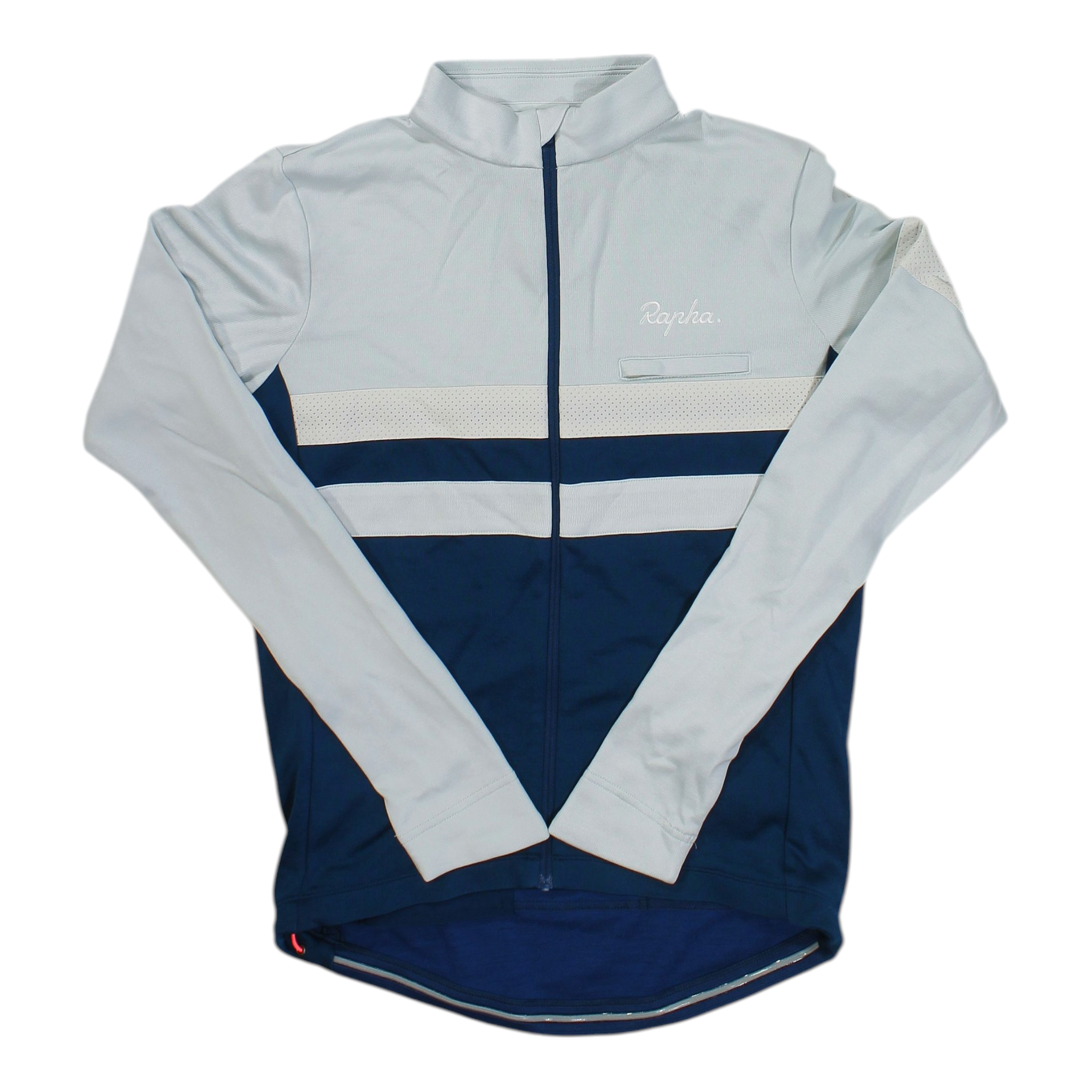 Men's long-sleeve cycling jersey, full-zip, light blue with navy color-block stripes.