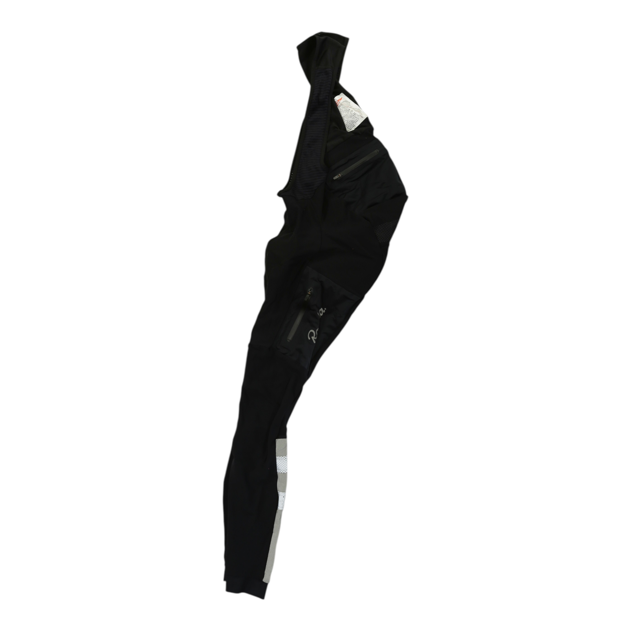 Black mens cargo winter tights with pad, side view, reflective gray leg panels