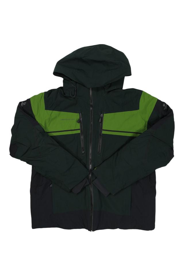 The Obermeyer Mens Charger Jacket is dark green with lighter green accents on the shoulders and chest, features PrimaLoft Black Eco insulation, two vertical zippered chest pockets, and a front zipper closure.