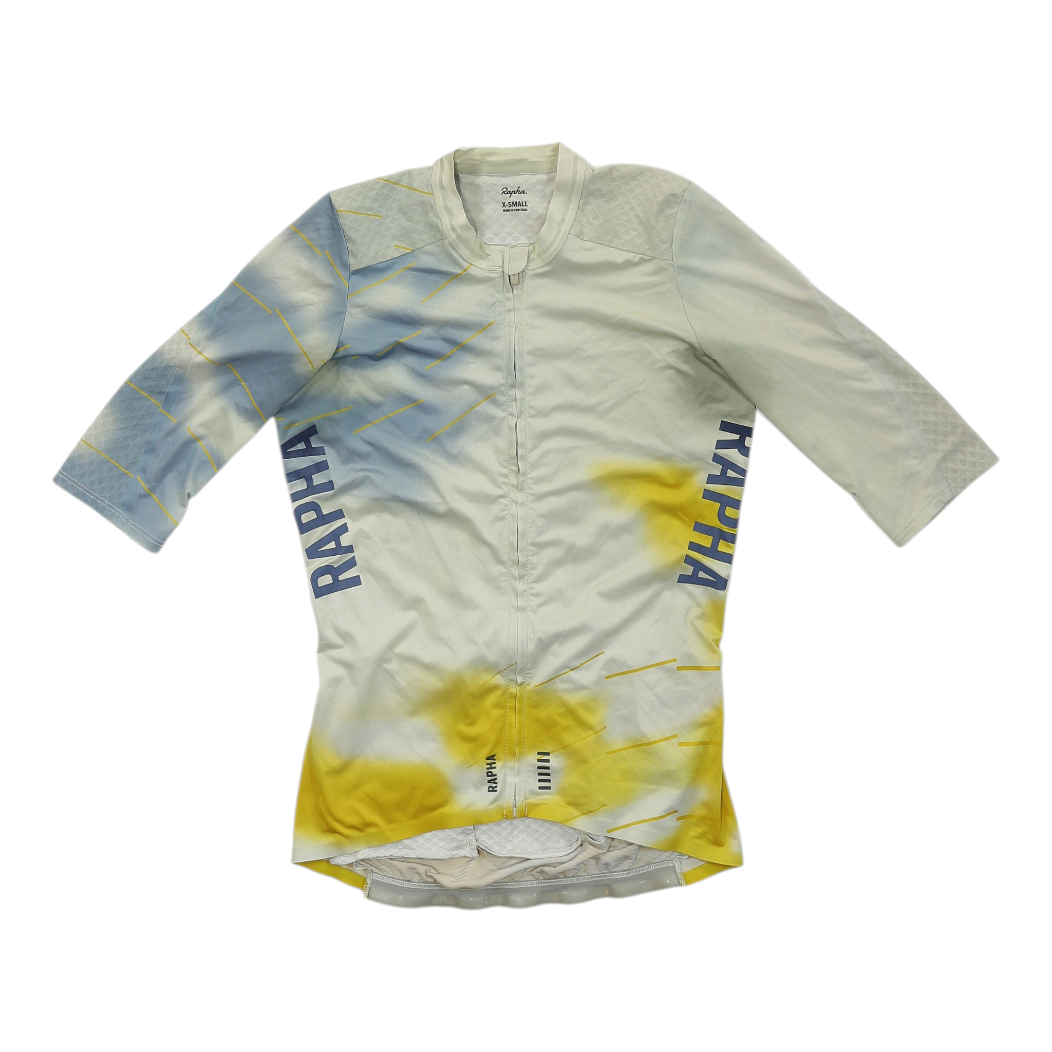 Women’s Rapha Pro Team Aero cycling jersey, light grey with blue and yellow splatter, full zip