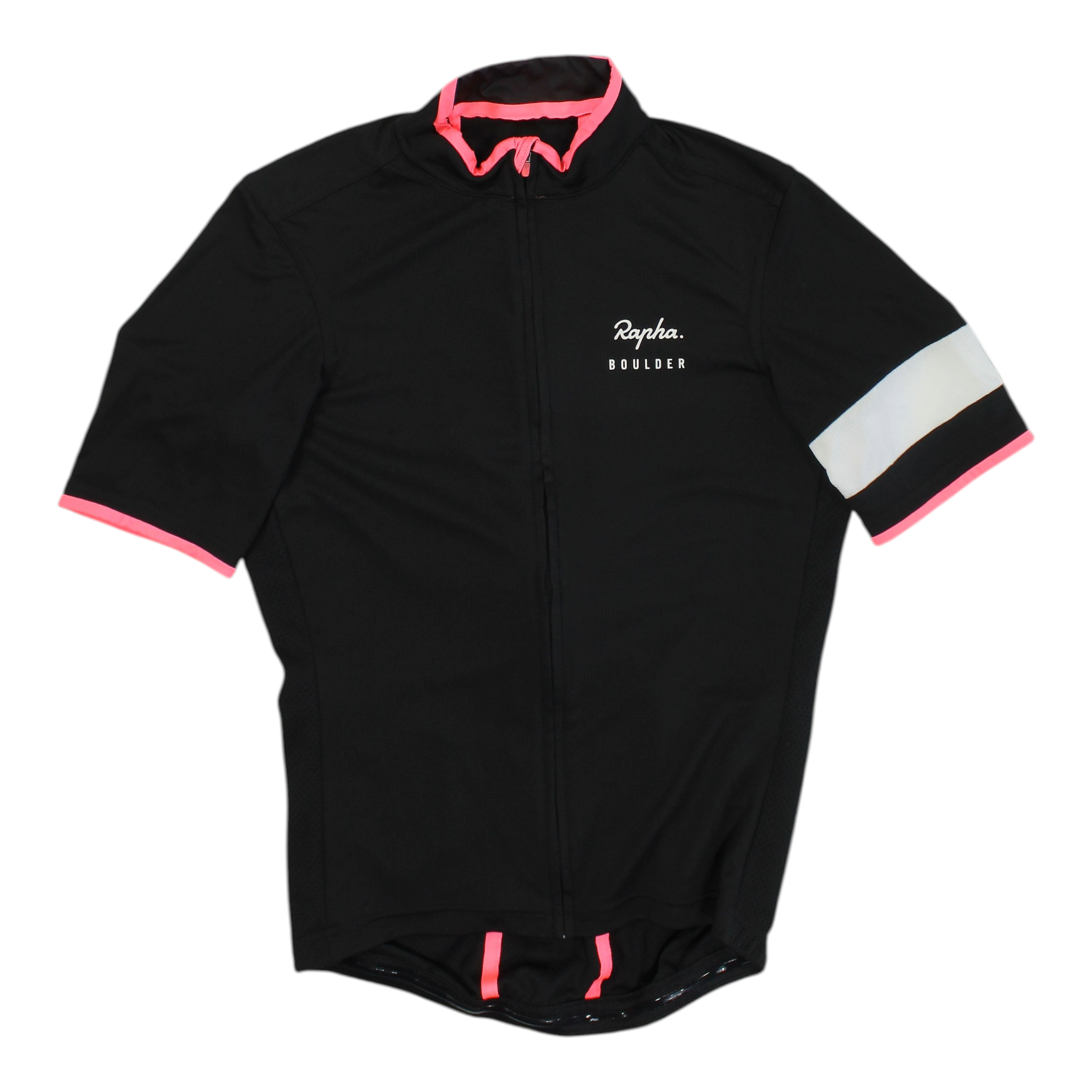 Men's lightweight cycling jersey, black with pink trim, full zip, short sleeves.