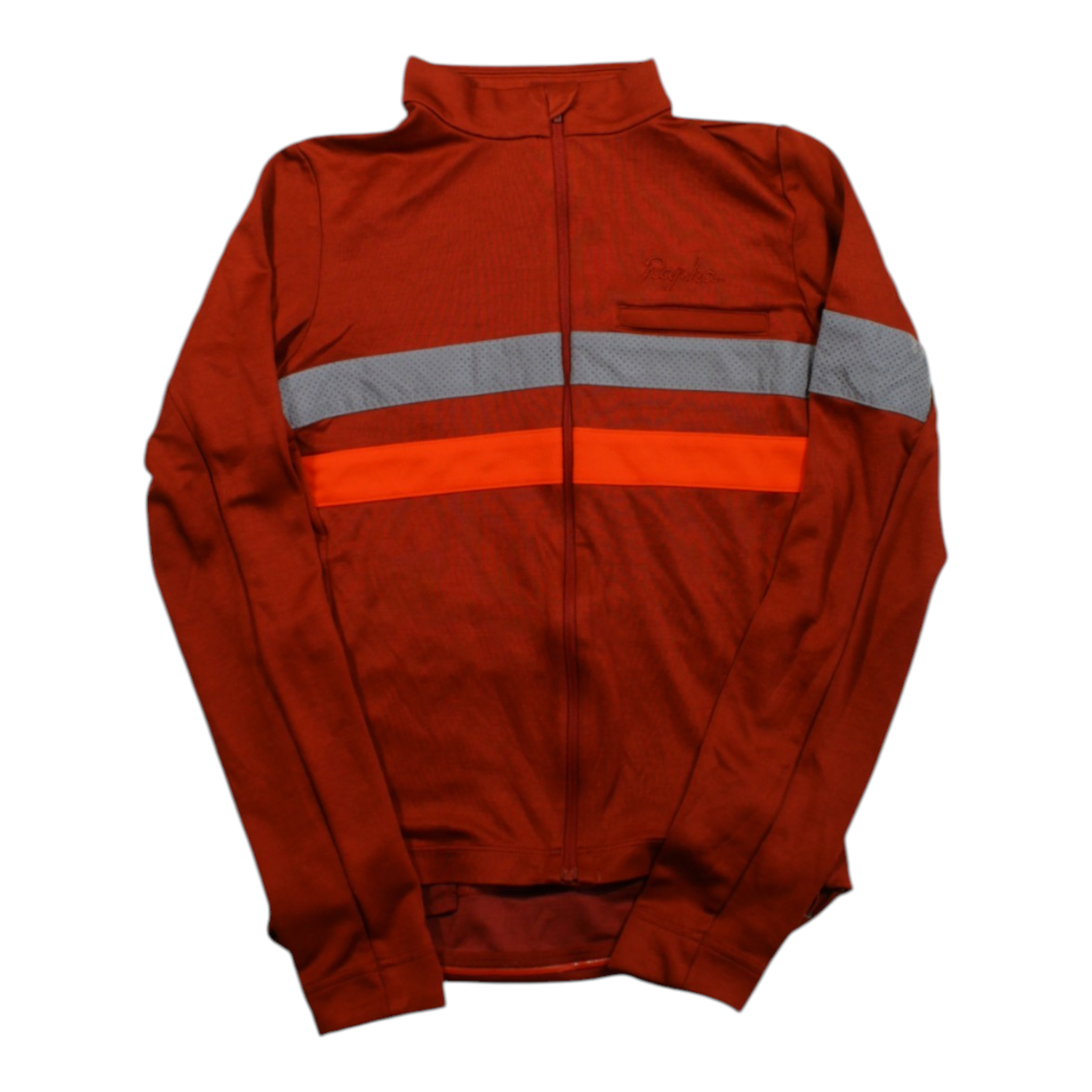 Men's long-sleeve cycling jersey, rust red with gray stripe and orange accent, full zip
