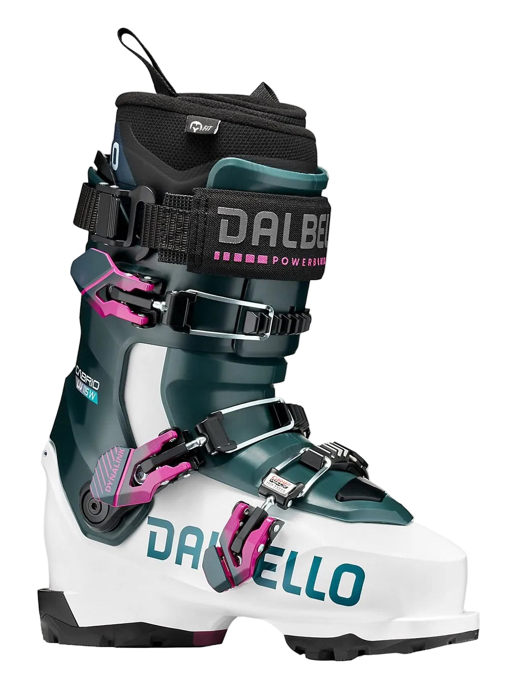 Teal and white Dalbello Womens Cabrio LV 115 3DWrap Ski Boots with black buckles and pink accents.