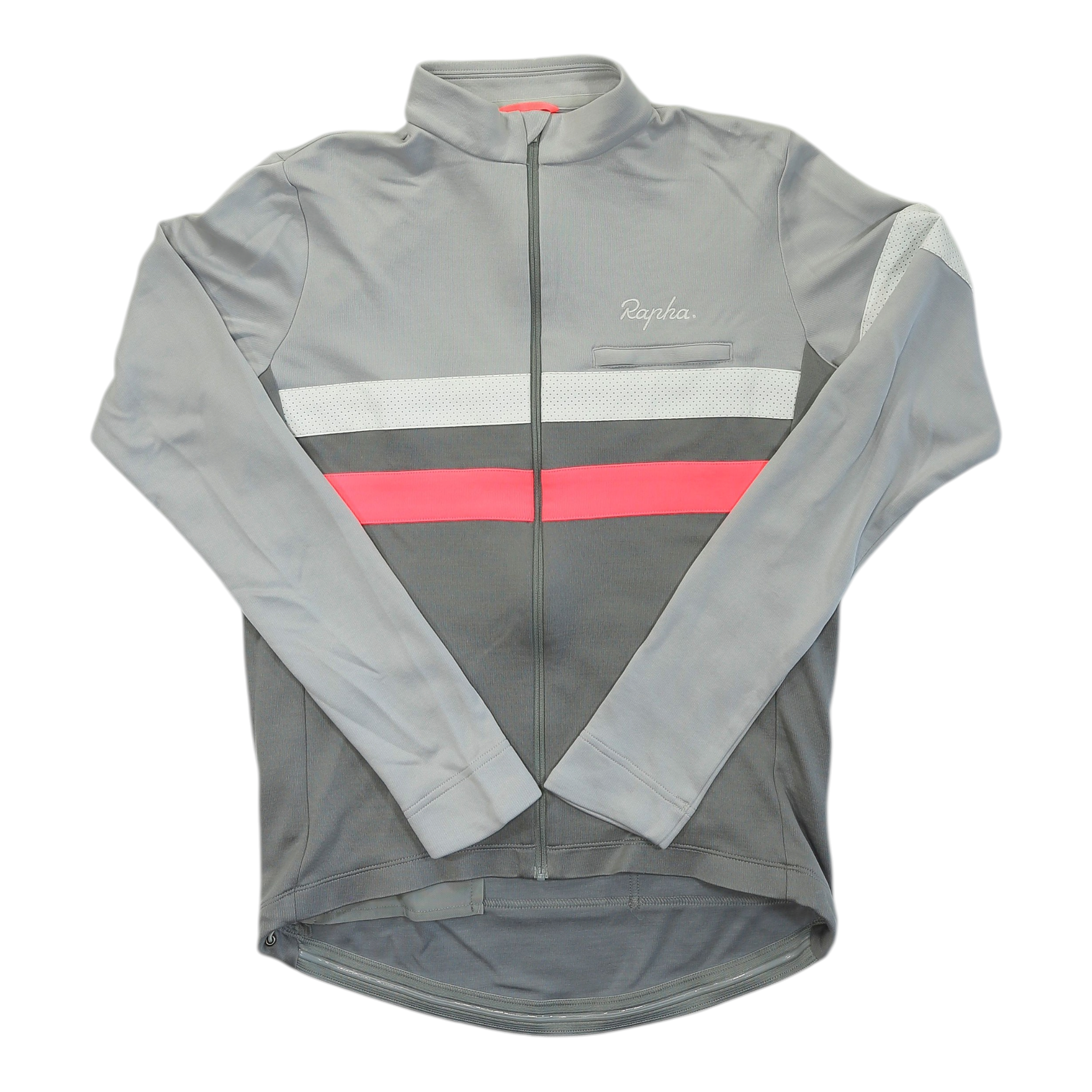 Men's long-sleeve cycling jersey, full-zip, light gray with red-pink stripe detail.