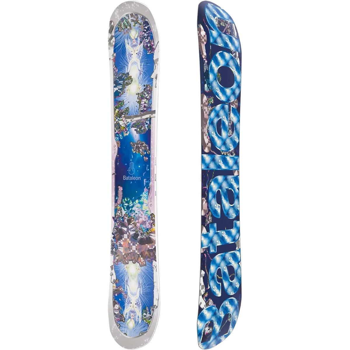 Women's white and blue snowboard with colorful animal-themed graphic, full-length view