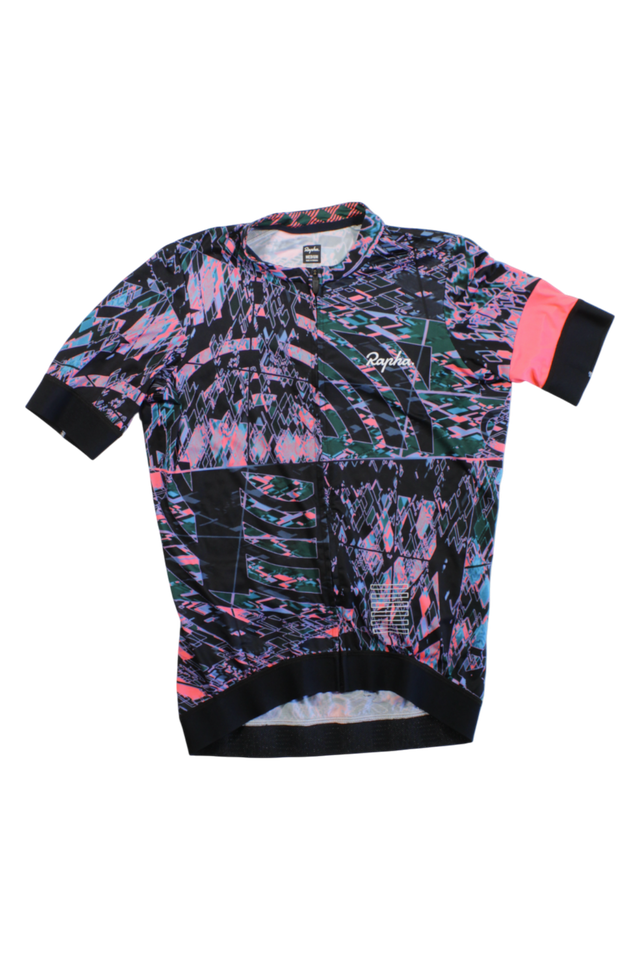 Cycling training jersey with abstract navy, pink and teal graphic print, short sleeves