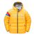 The Down Town Kids Puffy is a bright yellow puffer jacket with a hood, black zipper, side pockets, recycled down insulation, red and blue stripe on the upper left sleeve, and a small white chest logo. Shown on a white background.