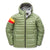 The Down Town Kids Puffy is a green puffer jacket with a hood, front zipper, and two side pockets. It has recycled down insulation, orange, red, and yellow sleeve stripes, plus a small white logo on the left chest.