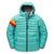 The Down Town Kids Puffy is a teal hooded puffer jacket with a front zipper, two zippered pockets, and recycled down insulation. The left sleeve has red, orange, and yellow stripes; brand logo on the left chest. Sustainable winter coat.