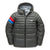 The Down Town Kids Puffy is a gray jacket with recycled down insulation, front zipper, left chest logo, and red-blue stripes on the upper right sleeve. This sustainable winter coat features horizontal quilted sections.