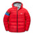 The Down Town Kids Puffy is a red hooded puffer jacket with gray lining, blue and gray accent on the left sleeve, recycled down insulation, front zipper, and Town Hall logo on the left chest.