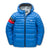 The Down Town Kids Puffy is a blue hooded puffer jacket with black zipper, two front pockets, red and gray striped left sleeve, and Mount Trail logo on the chest. Made with recycled down insulation for sustainable warmth.