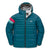 The Down Town Kids Puffy is a teal puffer jacket with a hood, front zipper, two side pockets, pink/aqua/white stripes on the left sleeve, recycled down insulation, and a small white logo on the left chest.