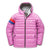 The Down Town Kids Puffy is a pink hooded puffer jacket with a black zipper, side pockets, blue and red stripes on the left sleeve, and a small white chest logo. Made with recycled down insulation for a sustainable winter coat option.