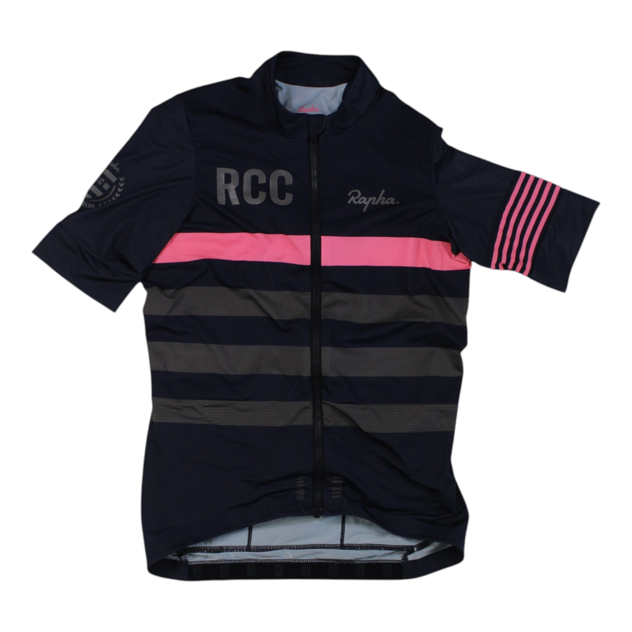 Men's cycling jersey, dark navy with pink horizontal band and sleeve stripe, full zip