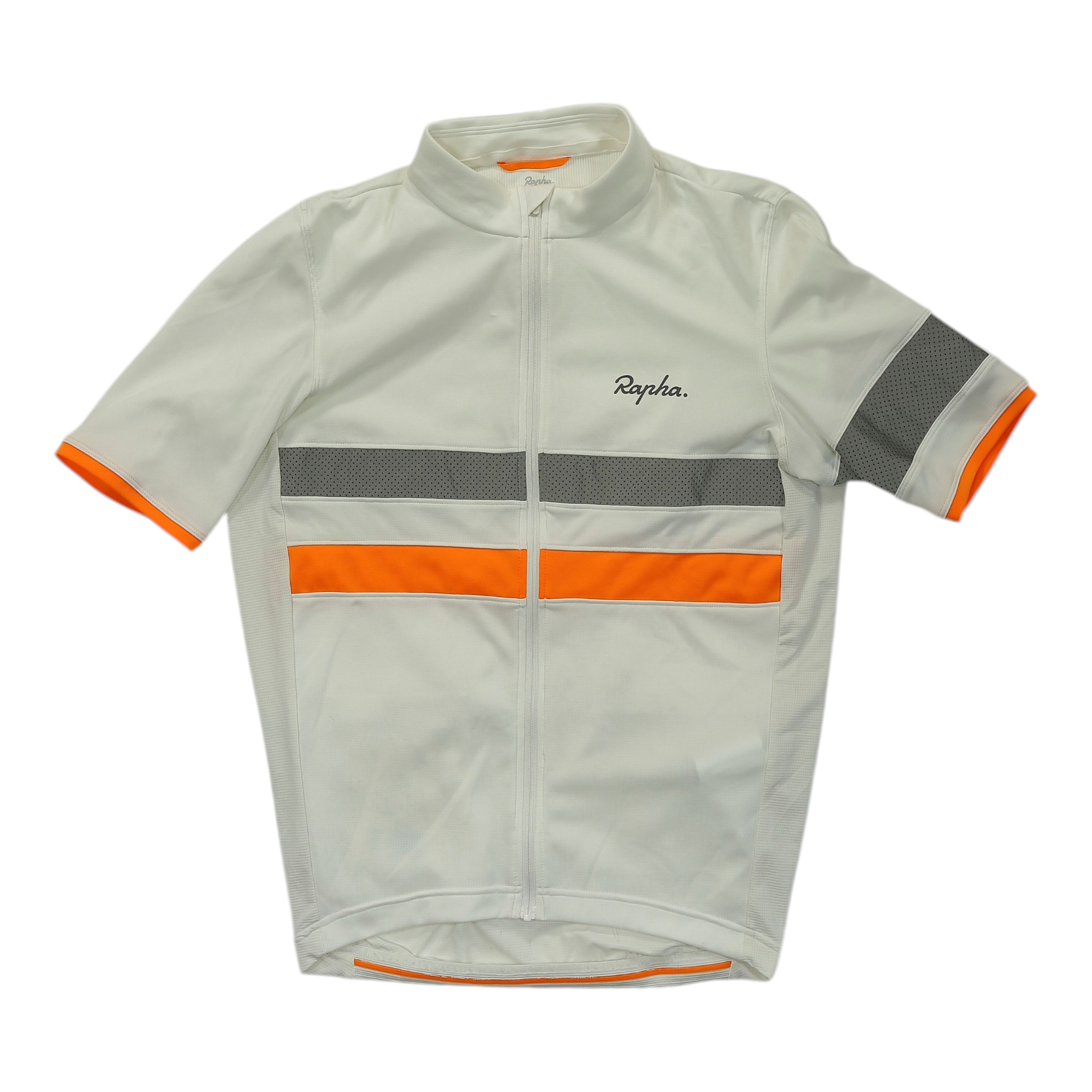 Lightweight cycling jersey, white with full front zipper, grey reflective band and orange sleeve trim