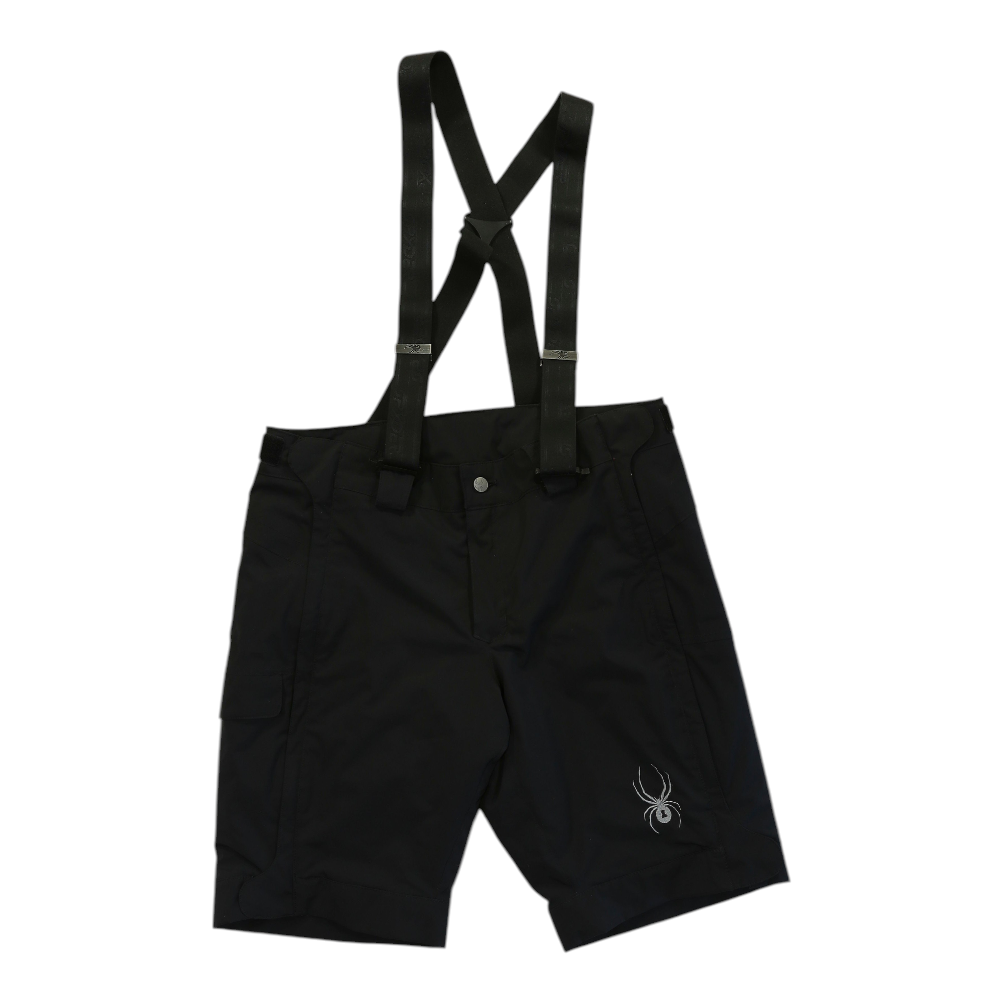 Spyder men's training shorts in black with adjustable suspender straps, front snap