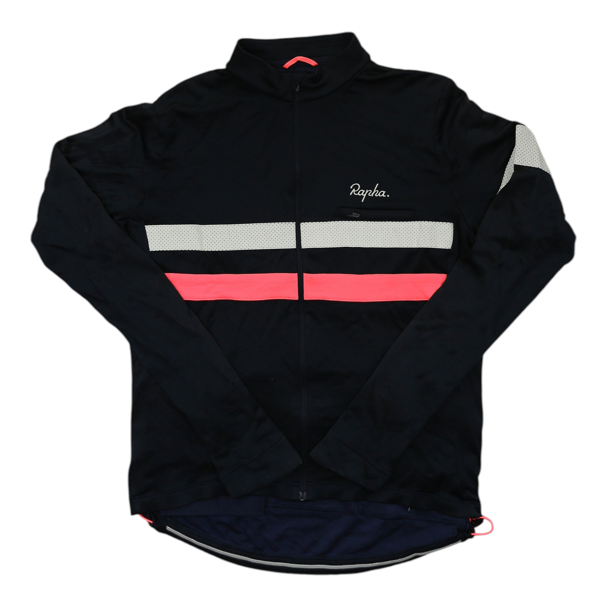 Men's long-sleeve cycling jersey, full-zip, black with white stripe and pink lower band.