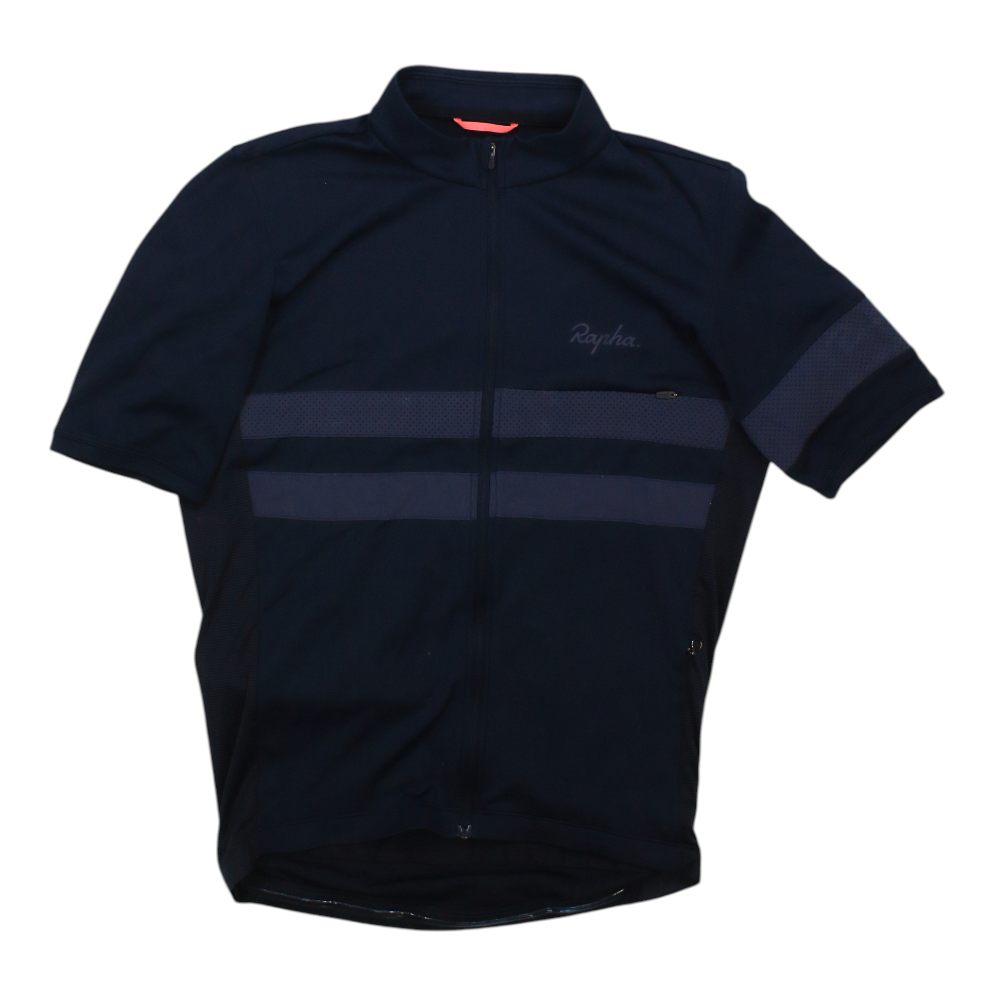 Dark navy short-sleeve cycling jersey, full-zip front, stand collar, gray reflective stripe.