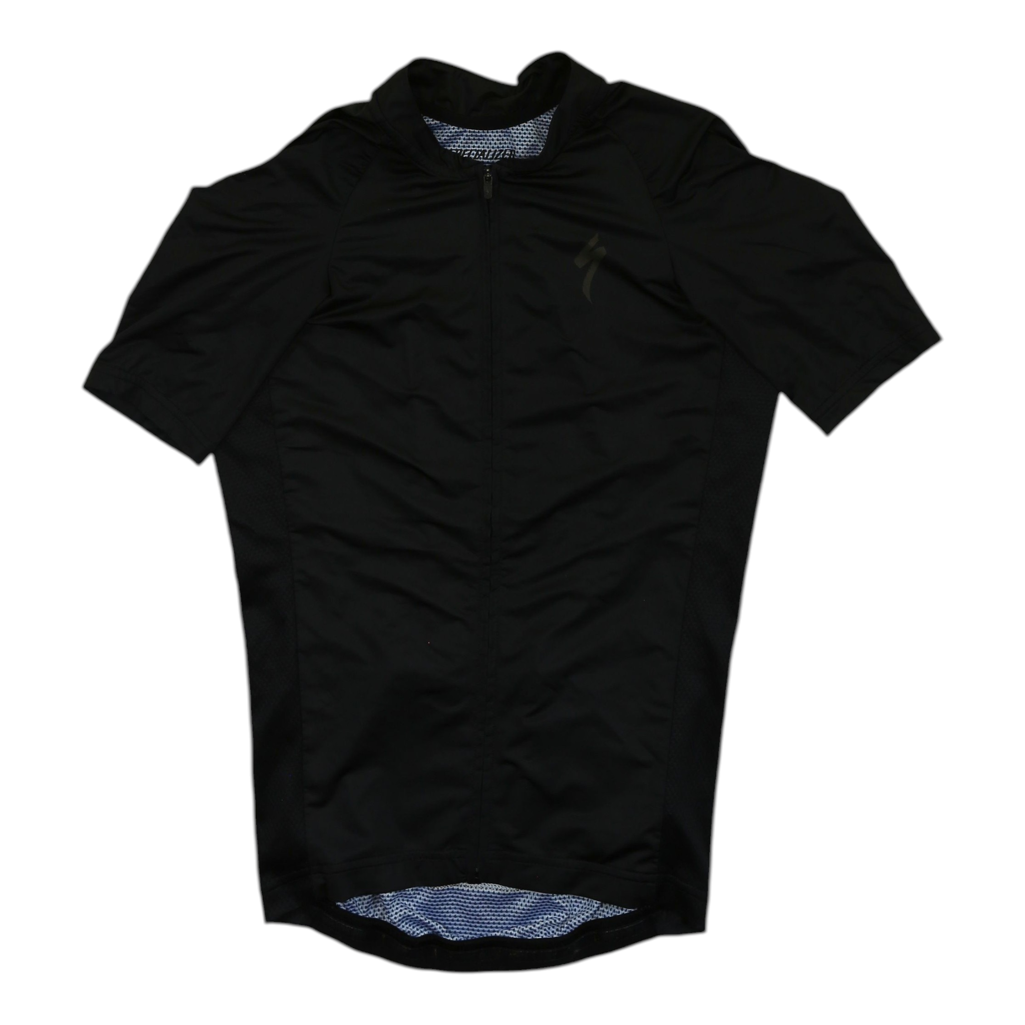 Men's black short sleeve cycling jersey, full zip with small lightning logo at chest