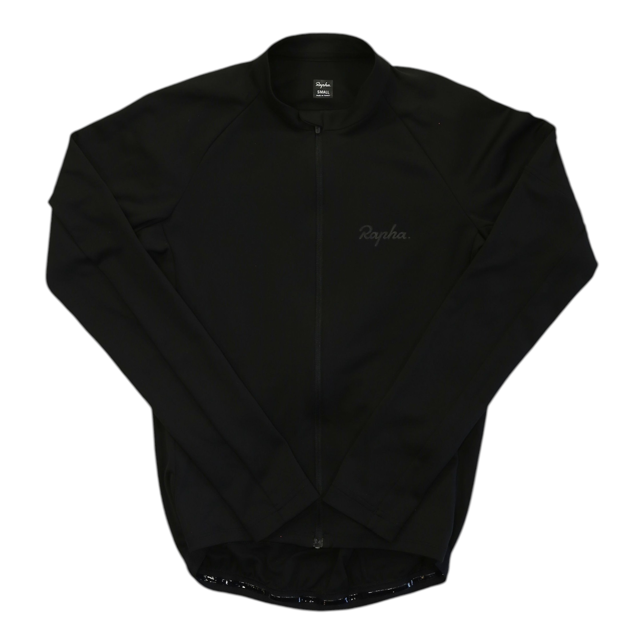 Men's Rapha long sleeve full-zip training jersey, solid black with subtle chest logo