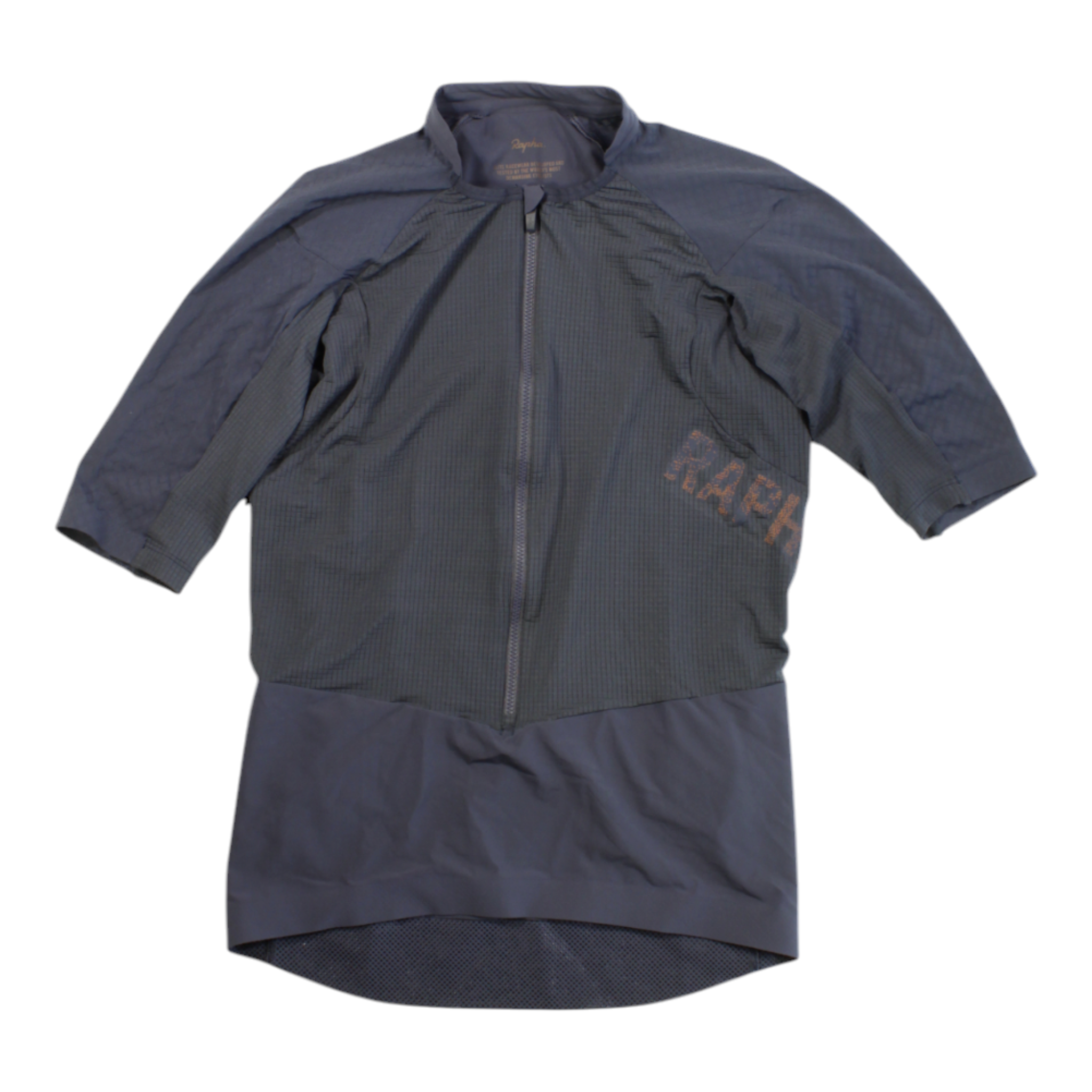 Gravel cycling jersey with full front zip and short sleeves, dark blue, side logo patch