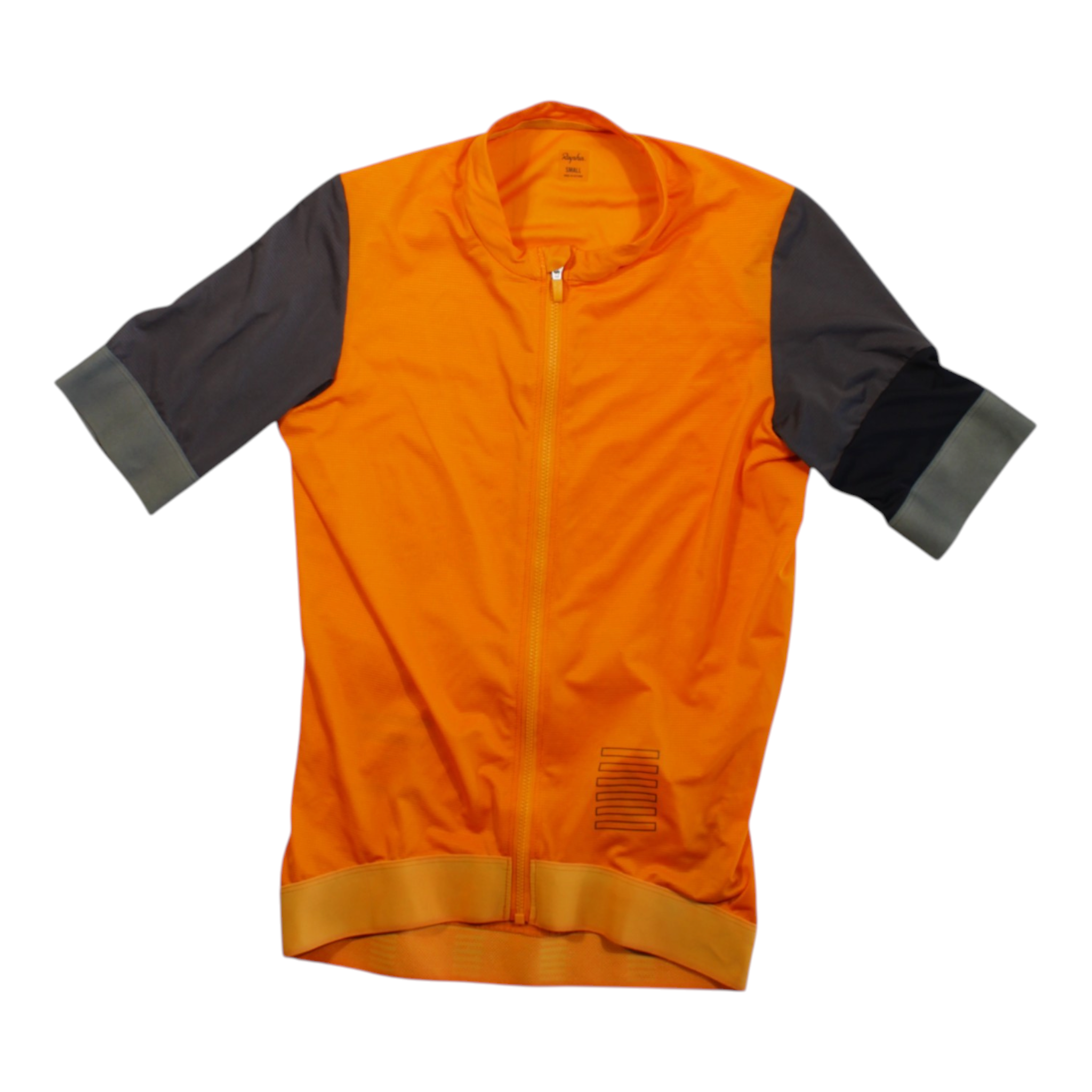 Orange short-sleeve cycling jersey with full-zip front and dark gray sleeve panels