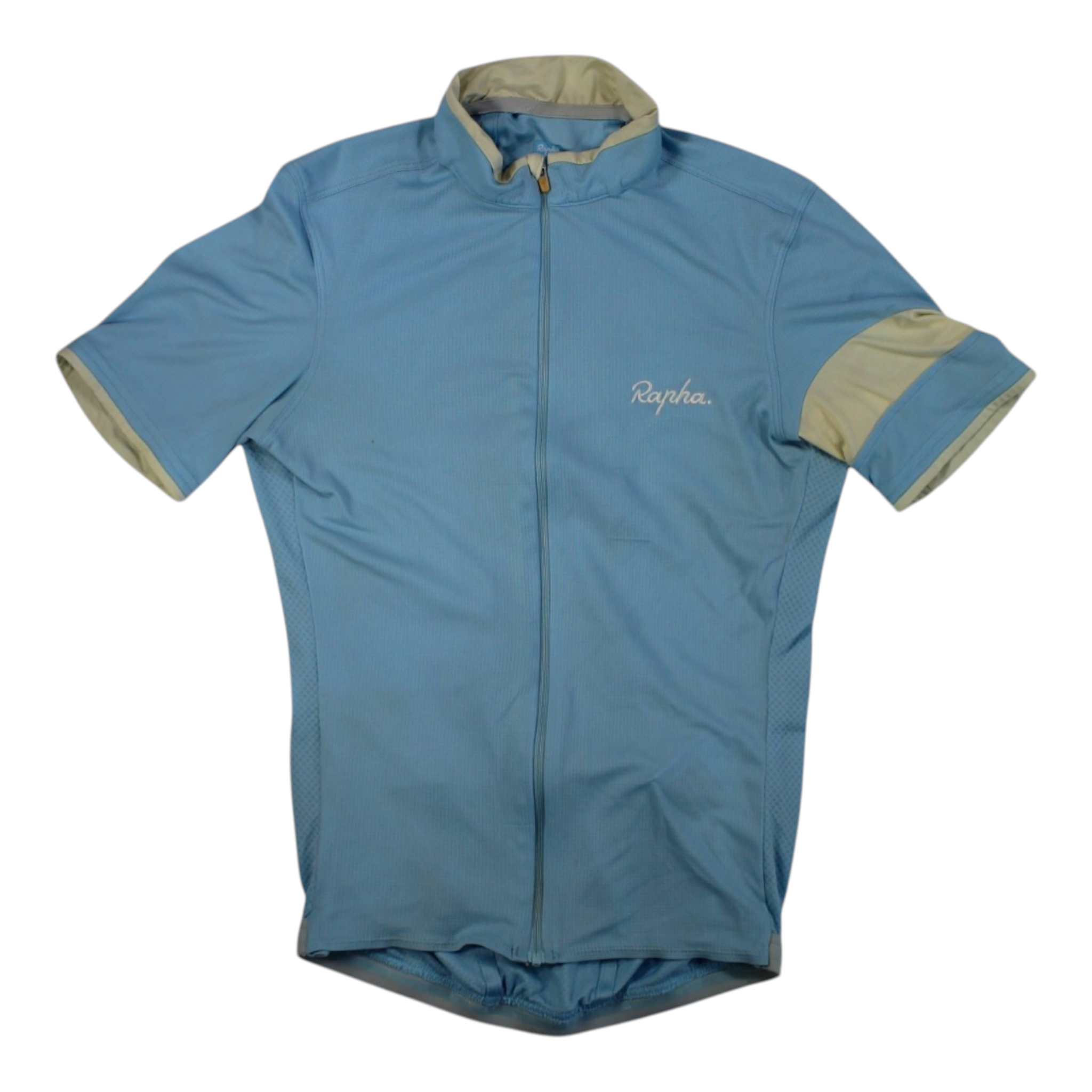 Men's Rapha super lightweight cycling jersey, light blue with beige collar and sleeve cuffs