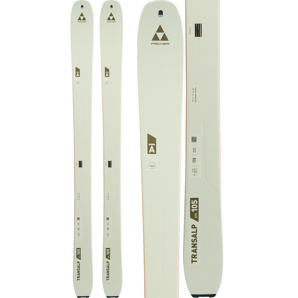 Transalp 105 CTI skis, white with olive and dark green logos and markings