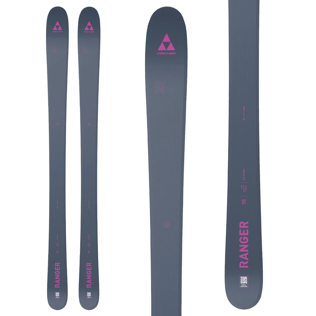 Fischer Ranger women's skis in dark gray with pink branding, shown as a pair with close-up details