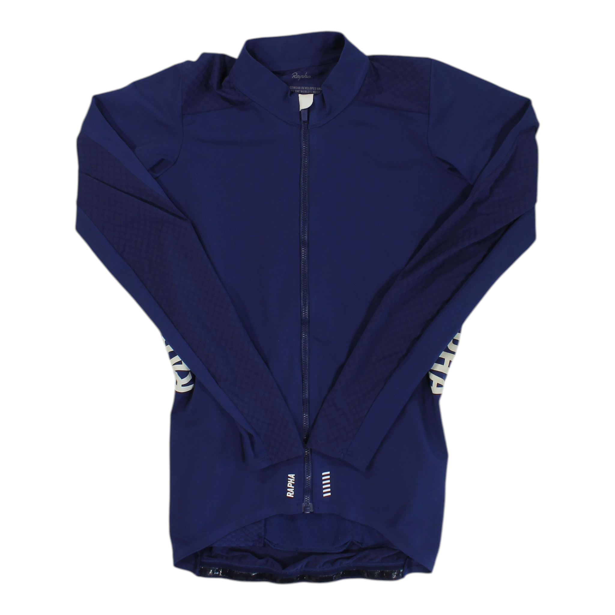 Navy long-sleeve cycling jersey with full zip, stand collar, and sleeve graphic accents.