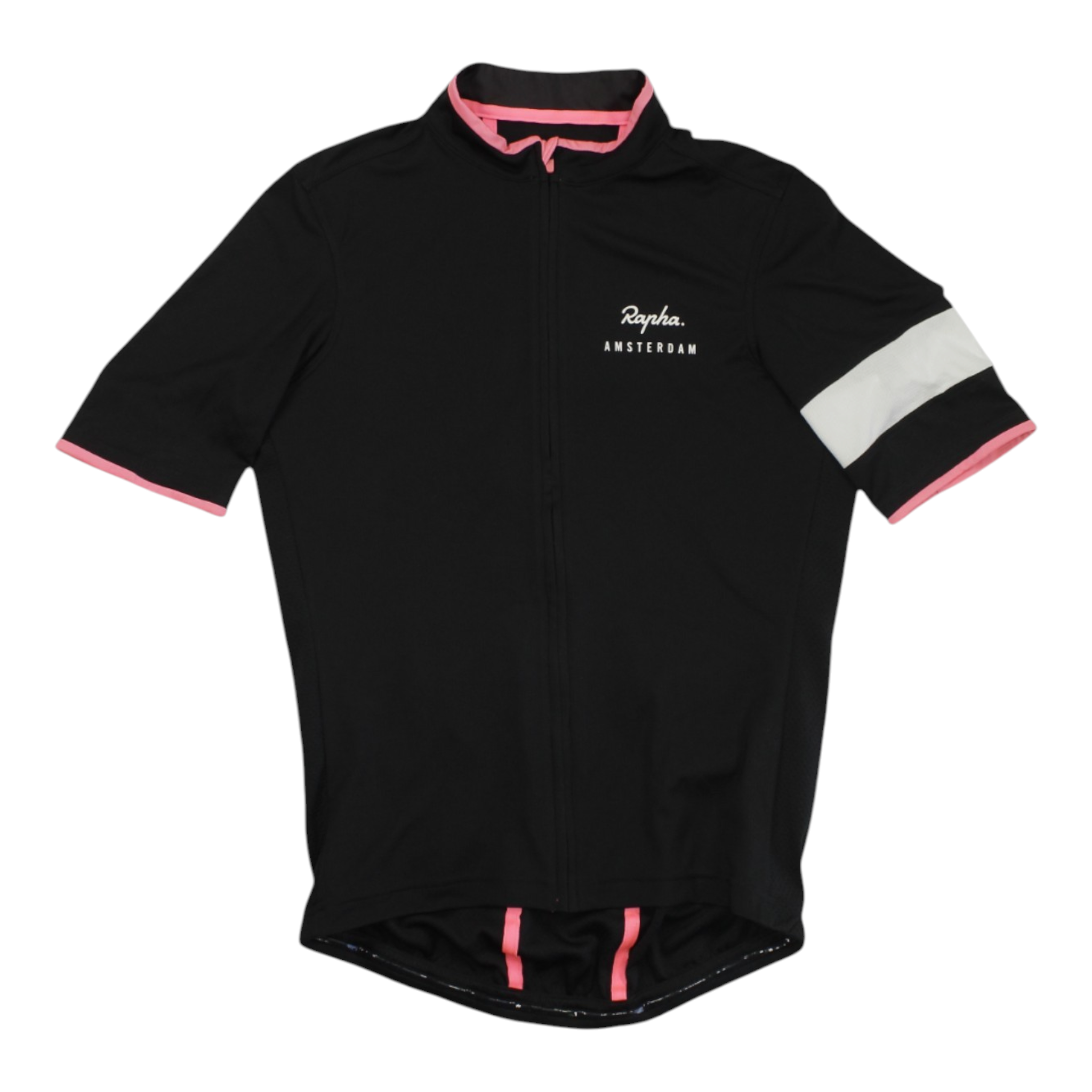 Men's Rapha super lightweight cycling jersey, black with pink collar and pink front waist details