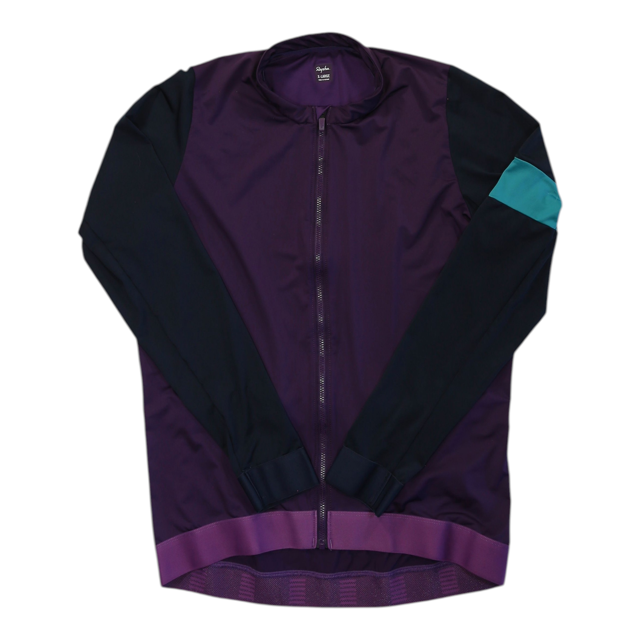Men's Rapha long sleeve full-zip training jersey, purple center with dark sleeves and teal accents