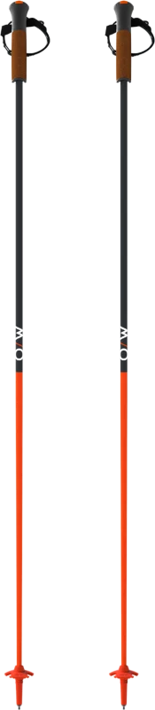 Orange ski poles with brown grips, wrist straps, and red snow baskets