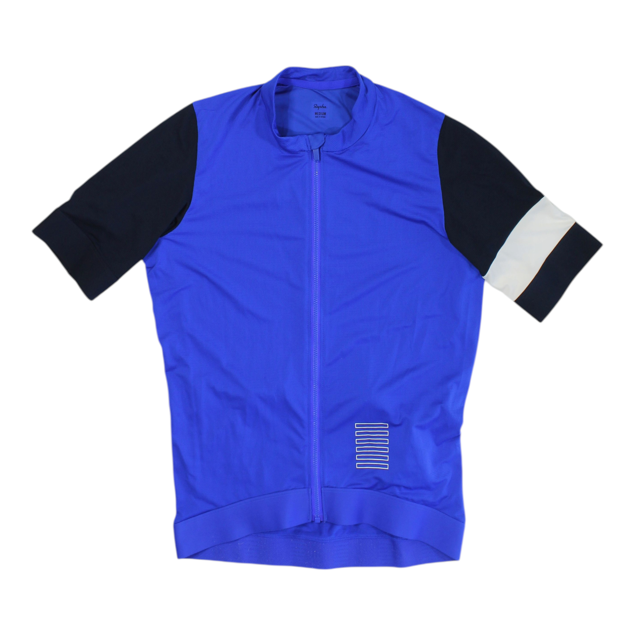 Blue and navy short-sleeve cycling jersey with full-zip front and white stripe detail