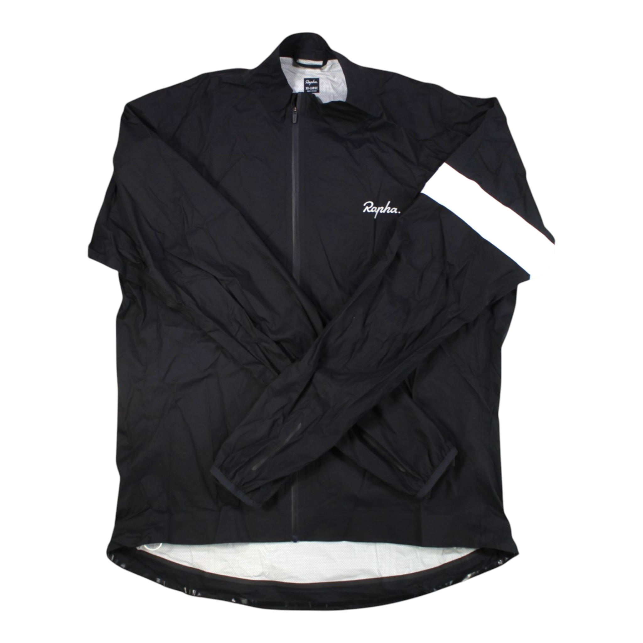 Black rain jacket with full front zipper, long sleeves, and white hem panel