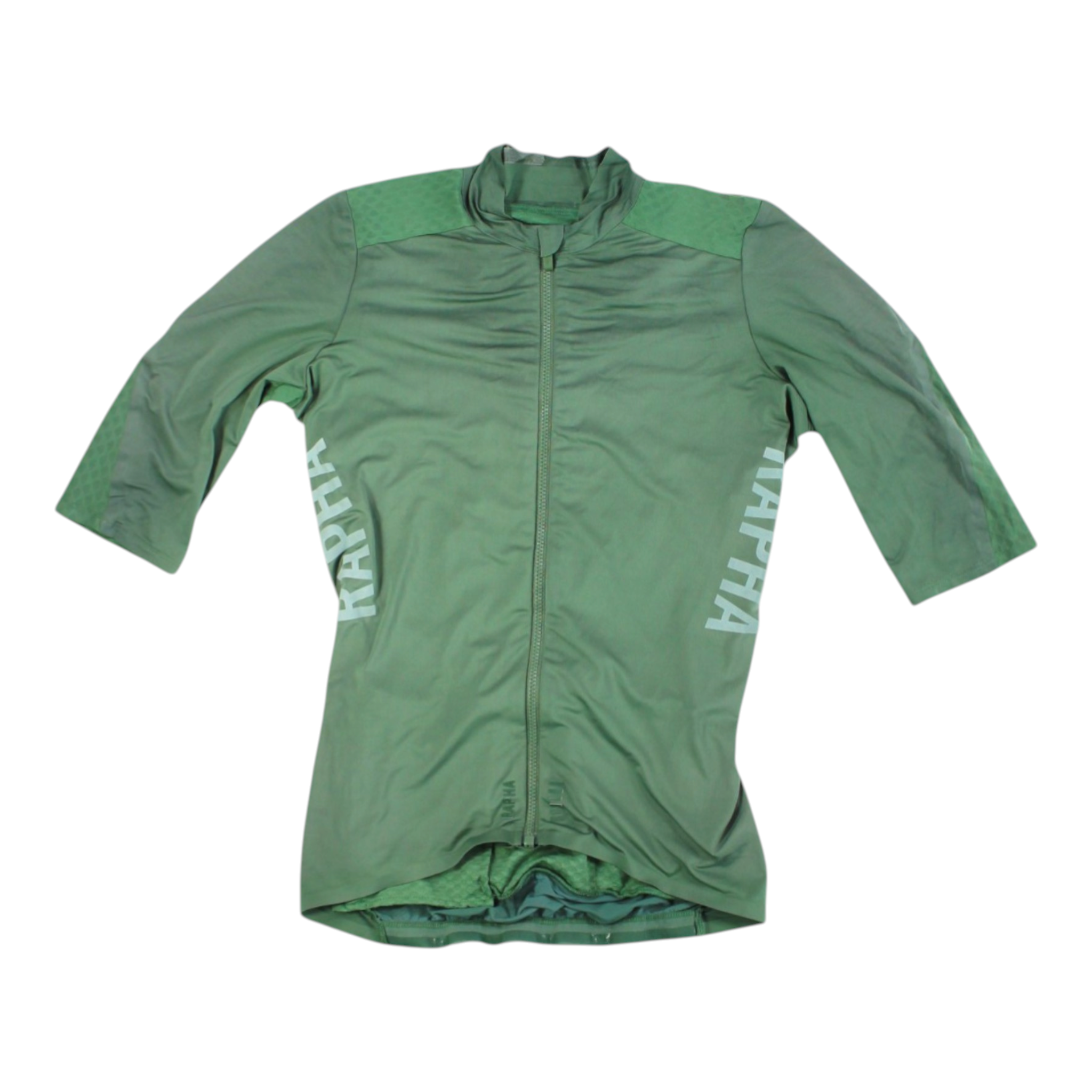 Women’s Rapha Pro Team Aero cycling jersey, green with vertical side Rapha text, full zip