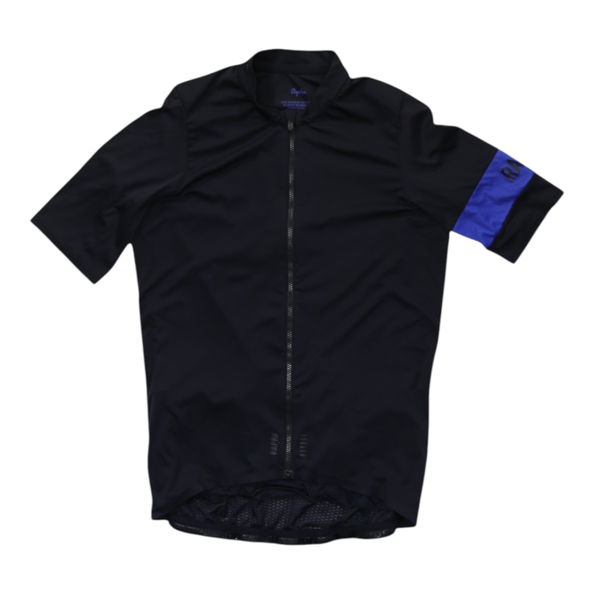 Rapha Pro Team flyweight cycling jersey, dark with blue side panel, full-length zip