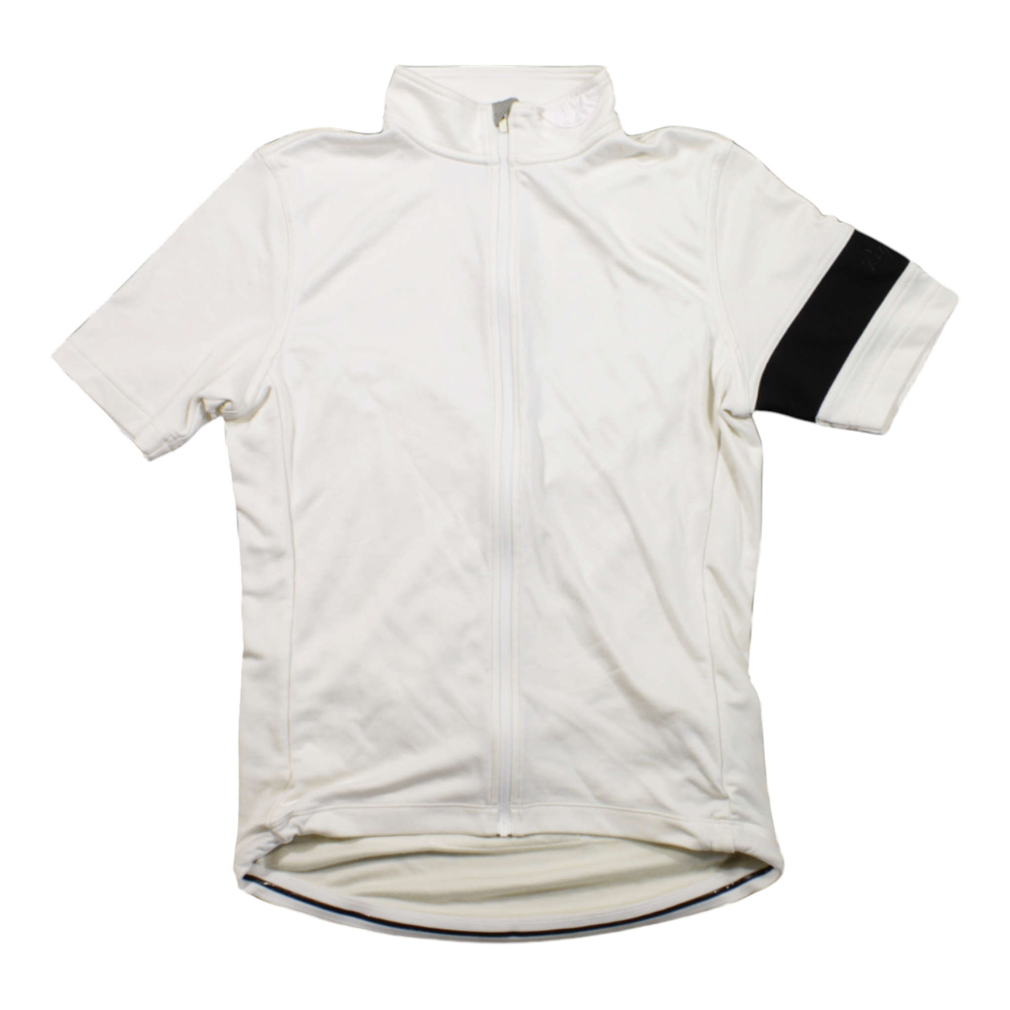Men's short-sleeve full-zip cycling jersey with stand collar, white with black sleeve stripe
