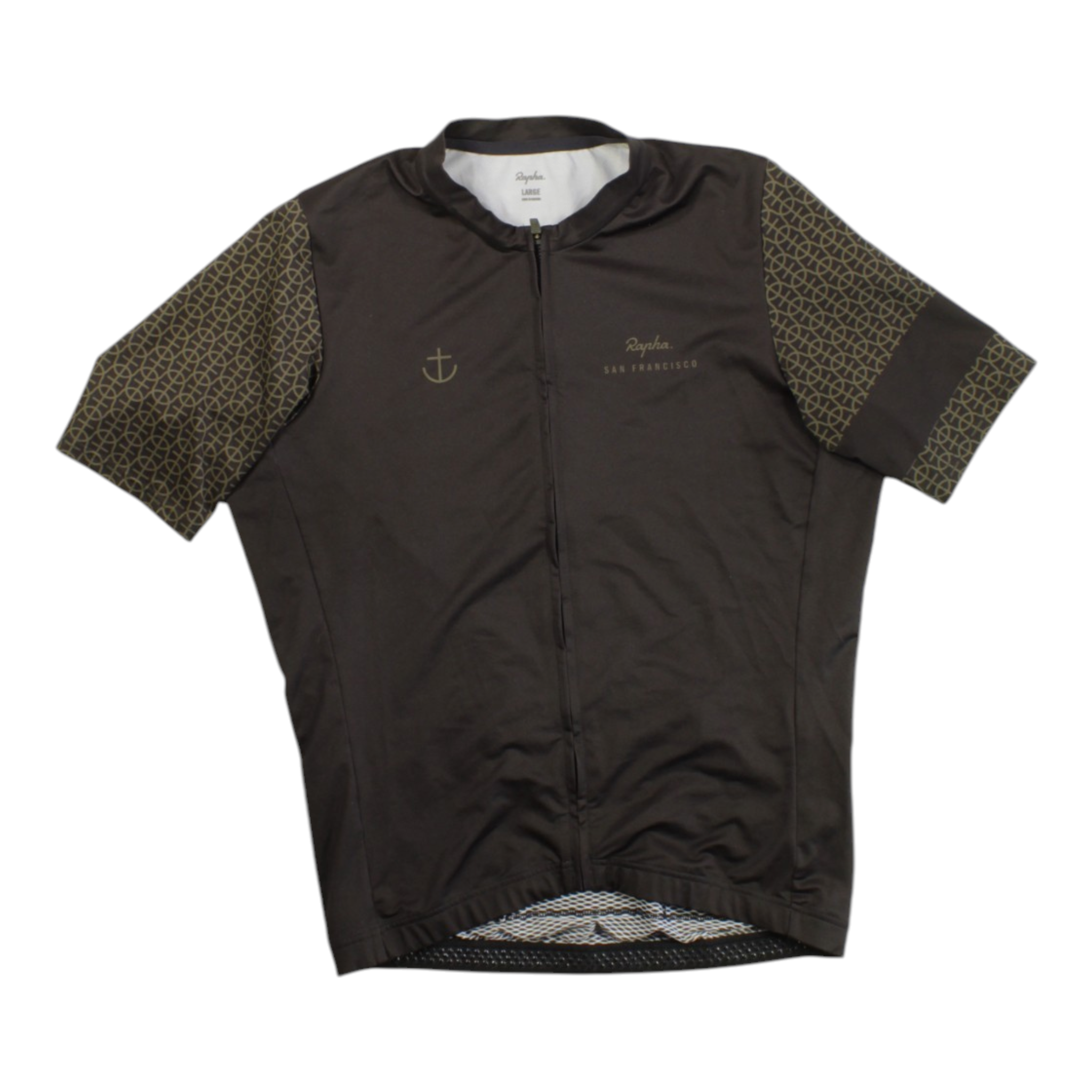 Men's Clubhouse cycling jersey, dark with gold geometric sleeves and full front zip.