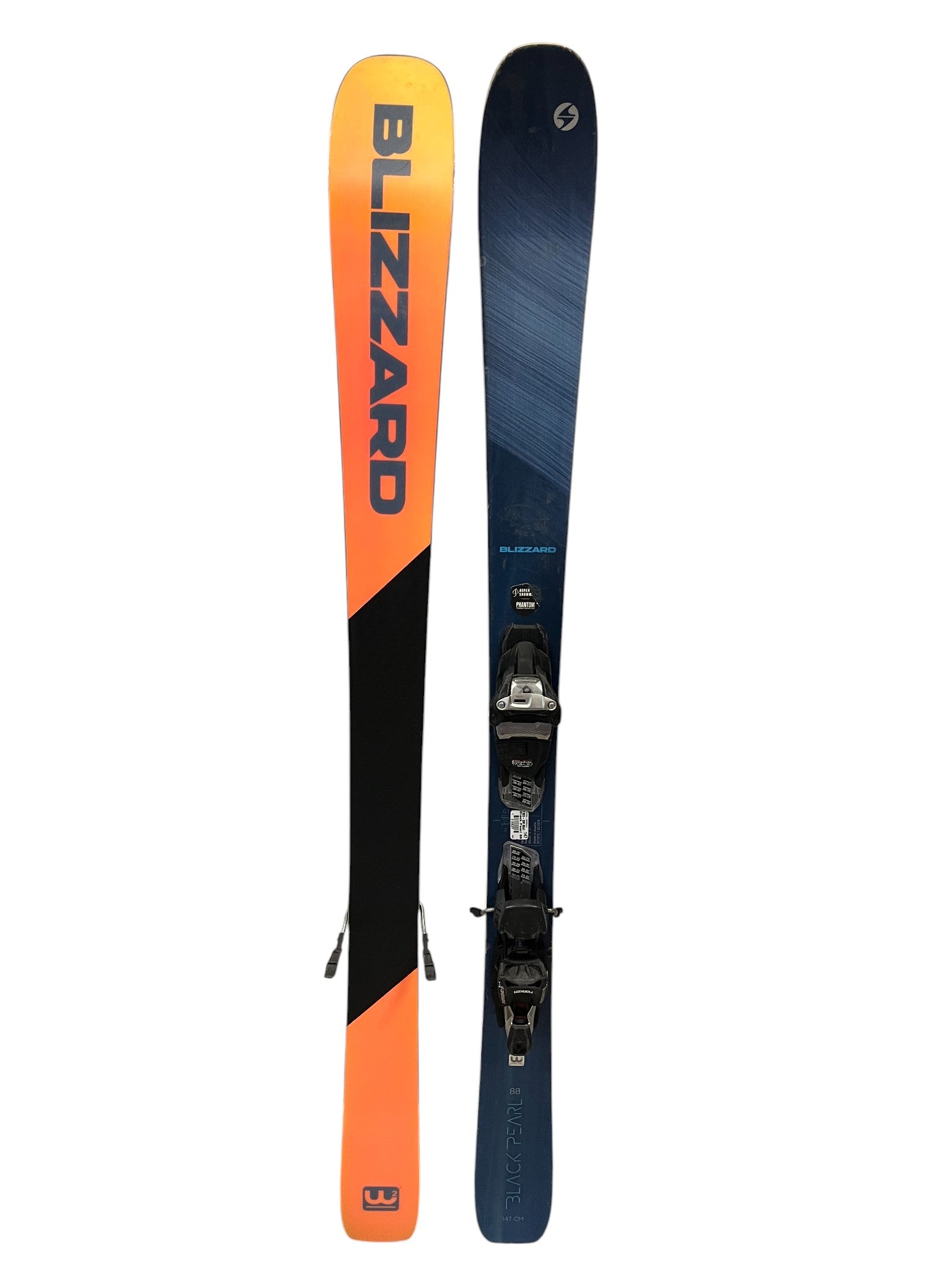 The Blizzard Black Pearl 88 Skis with Marker Squire 11 Bindings (2022) feature stylish orange and dark blue designs, “BLIZZARD” branding, and come with bindings—perfect for intermediate to advanced skiers.