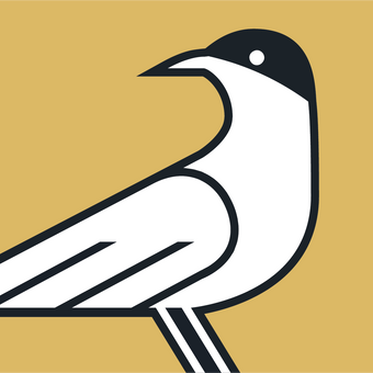 Minimalist illustration of a bird with a black head and white body, outlined in black, set against a solid mustard yellow background. The design uses clean lines and geometric shapes.
