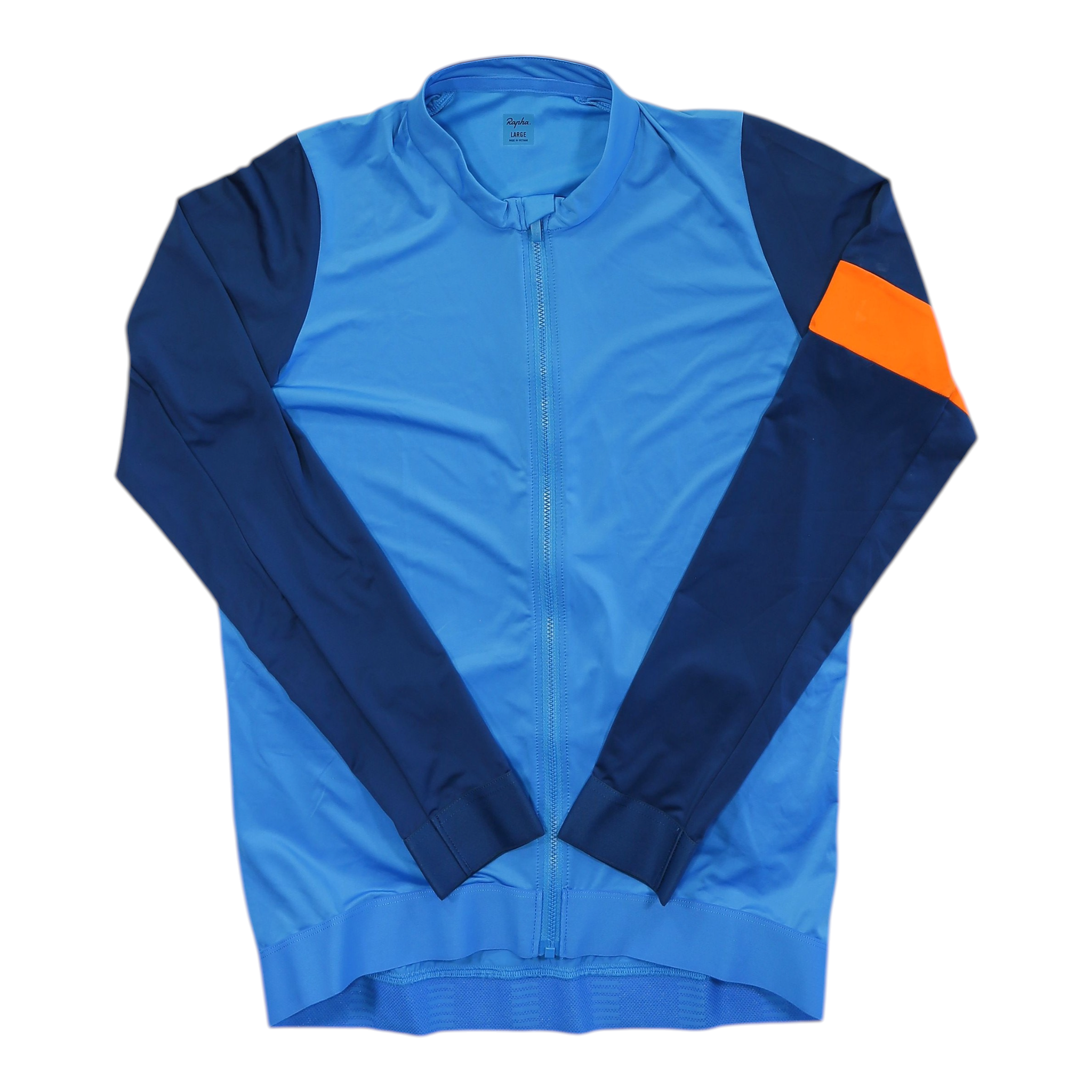 Men's Rapha long sleeve full-zip training jersey, light blue with navy sleeves and orange trim