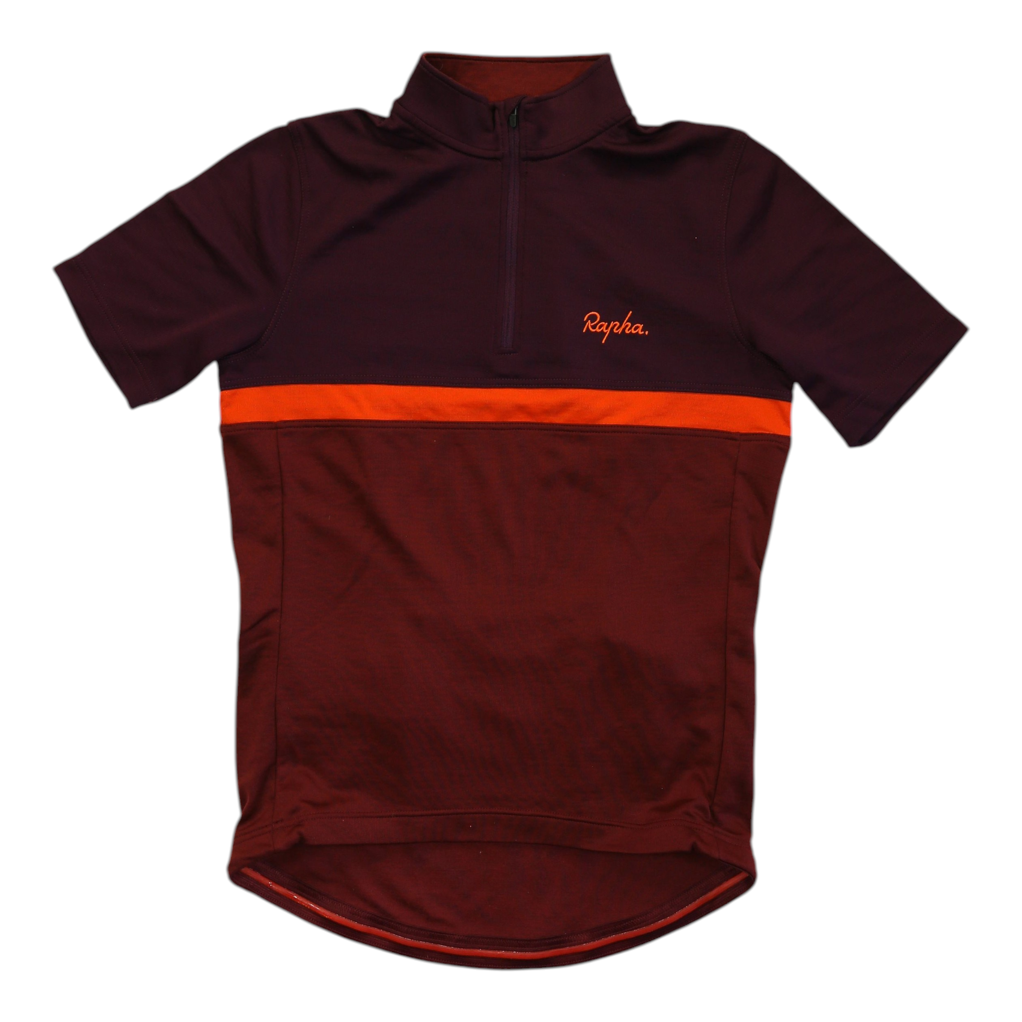 Men's Clubhouse cycling jersey, maroon with bright orange chest stripe and half-length zipper.