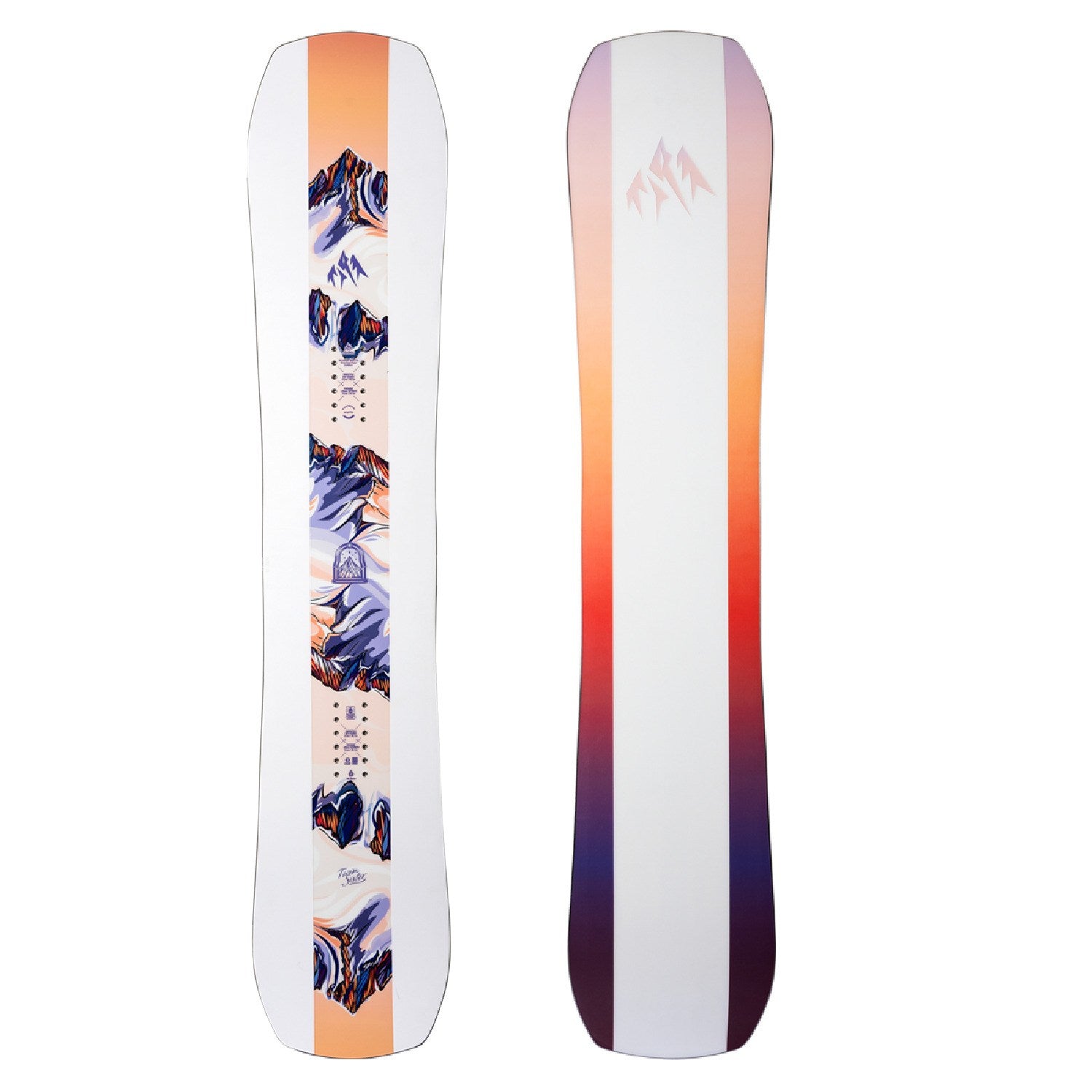 White snowboard with blue, orange, and mountain-style graphic deck, twin tips
