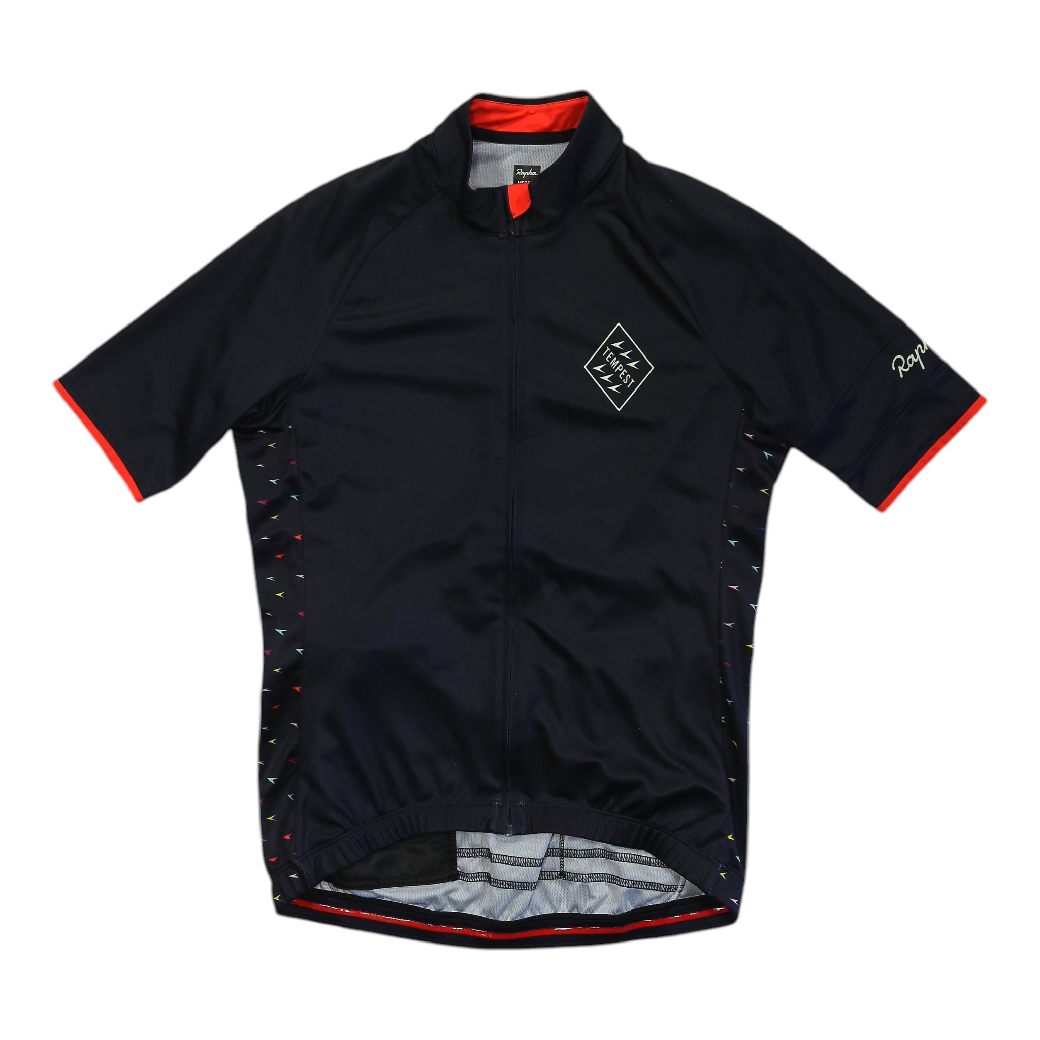 Rapha Tempest cycling jersey, black with red trim, full zip, short sleeves