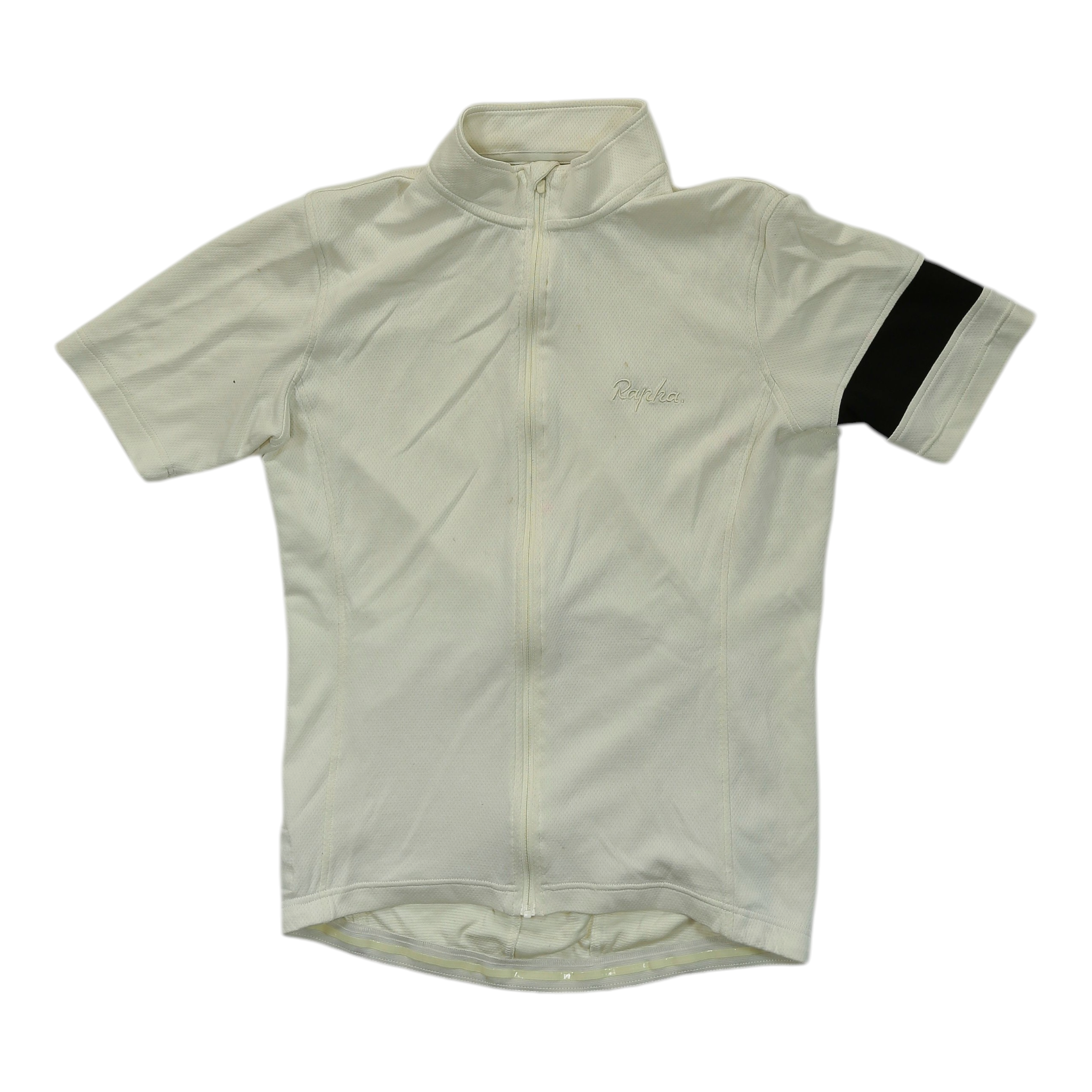 Pale cream short-sleeve cycling jersey, full-zip front, black accent on right sleeve.