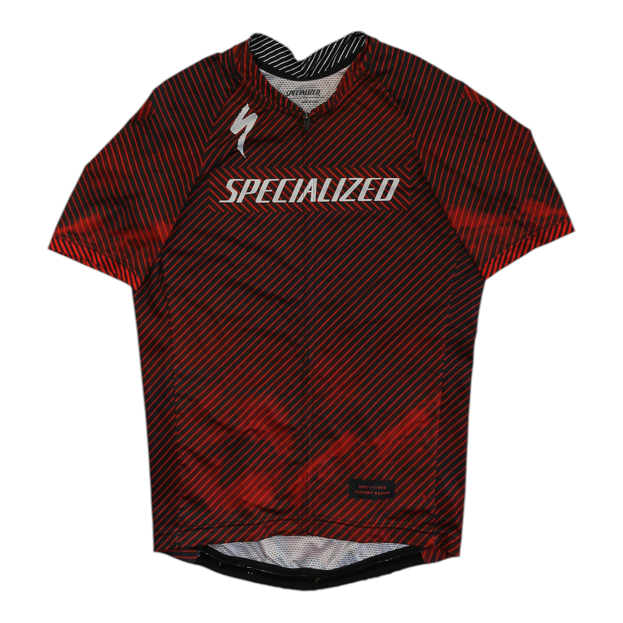 Men's red short sleeve cycling jersey, striped pattern with Specialized logo at front