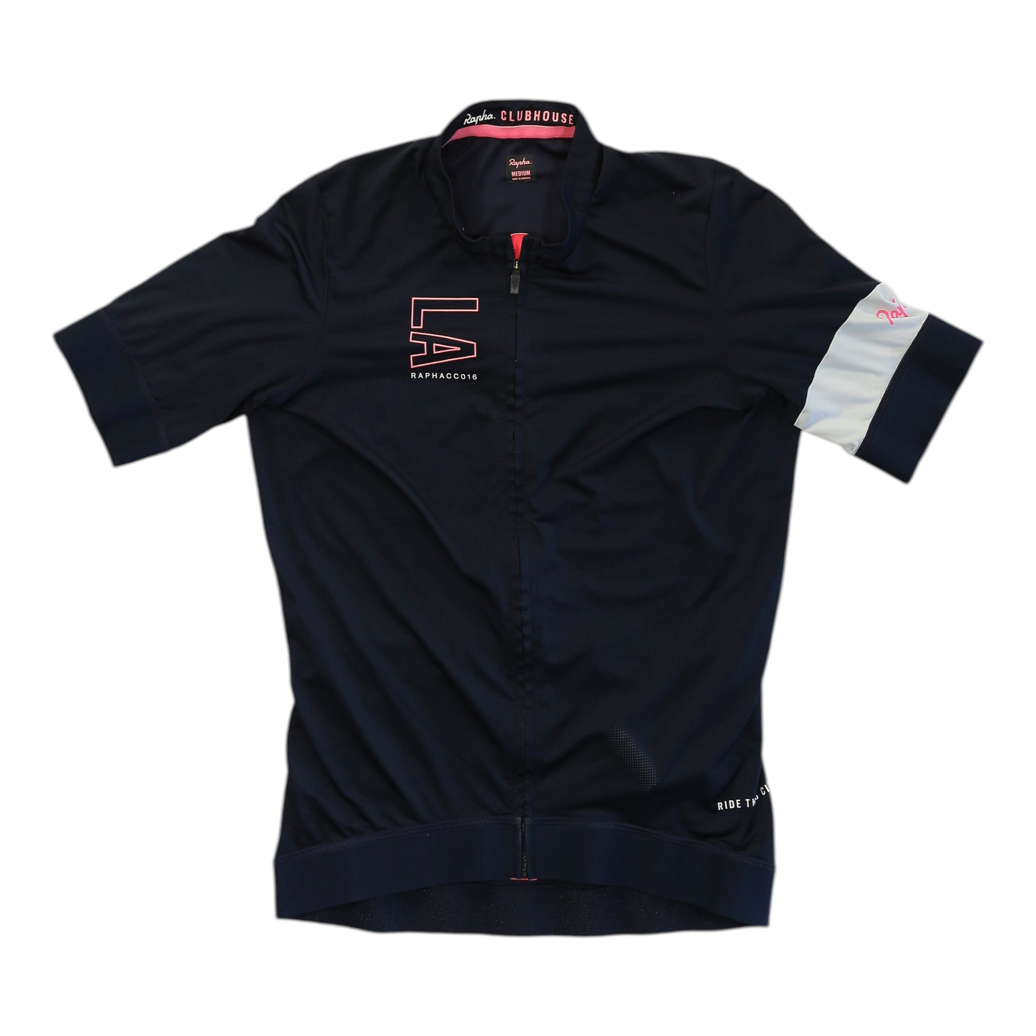 Men's cycling jersey, dark navy with red clubhouse logo and white sleeve panel