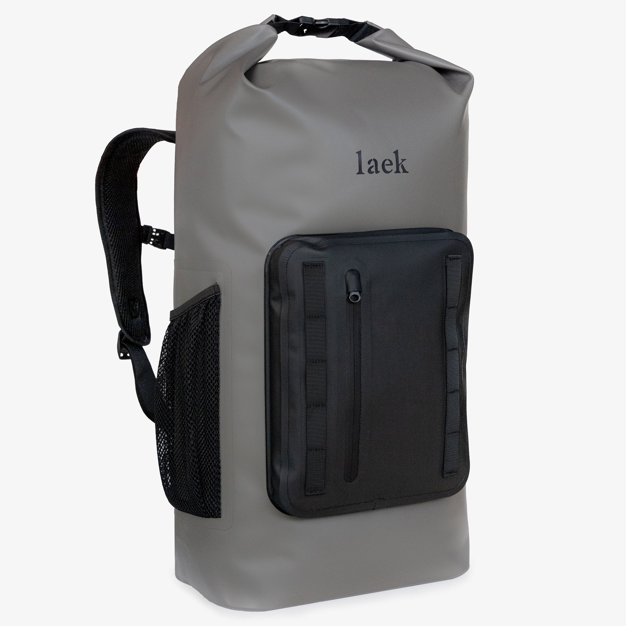 The Seafield 30L Waterproof Backpack is gray with a rolltop design, black padded straps, a front zip pocket, mesh side pocket, and "laek" branding above the front pocket.